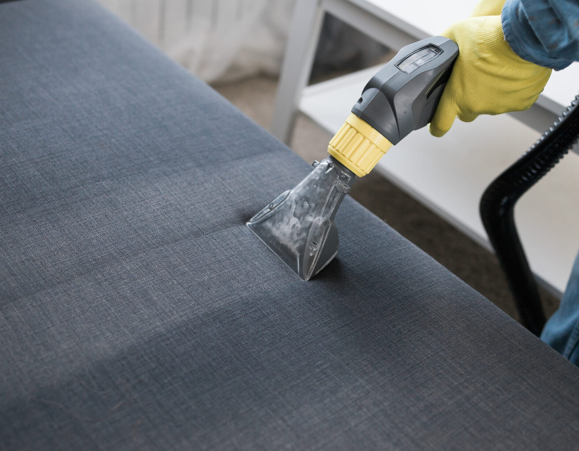 Technician steam cleaning an upholstered couch